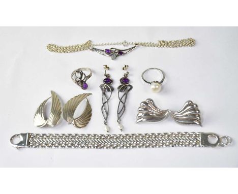 Various pieces of silver jewellery comprising a wide bracelet with lobster claw clasp and hoop, length 18.5cm, a pair of silv