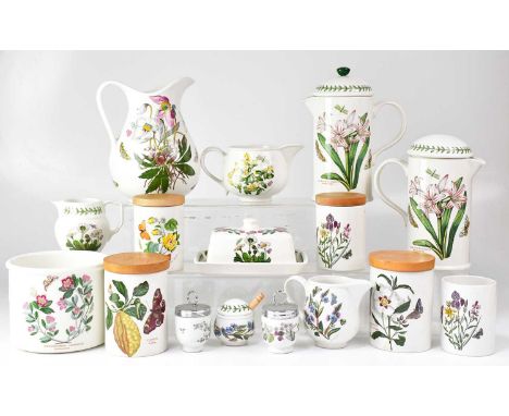 A Portmeirion 'Botanical' ware part dinner and tea service comprising plates, jugs, cups, saucers, butter dish, jars, etc, to