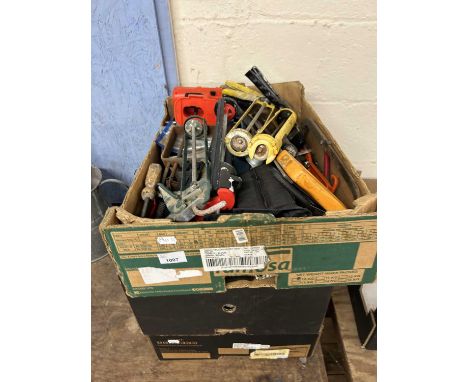Three mixed boxes of various shed clearance items, hand tools etc