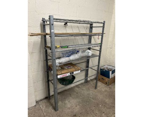 Metal garage racking together with various hand tools etc