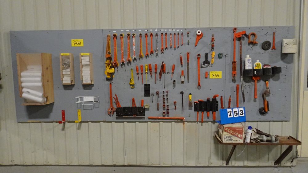 WALL MOUNTED TOOL DISPLAY BOARD C/W ASSORTED HAND TOOLS (RIGGER FEE $30)