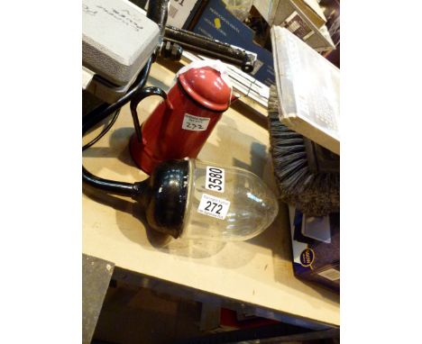 Black painted metal out door corner lamp and an enamel coffee pot