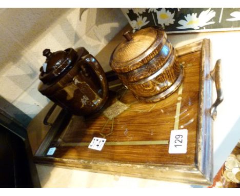 Antique inlaid wood tray, wood tea caddy and a glazed teapot
