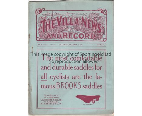 ASTON VILLA / MAN UNITED    Programme Aston Villa v Manchester United 17/10/1908. Lacks staples. Some foxing at front cover. 