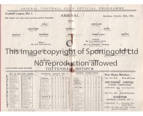 ARSENAL V TOTTENHAM 1934     Programme for the League match at Arsenal 20/10/1934, slight vertical crease and punched holes r