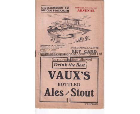 MIDDLESBROUGH V ARSENAL 1948    Programme for the League match at Middlesbrough 13/11/1948, slight horizontal crease.    Gene