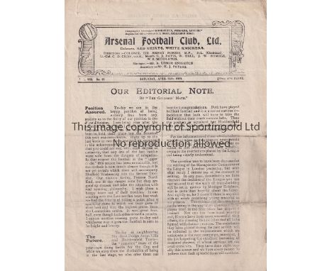 ARSENAL      Four page home programme v Preston North End 24/4/1920. Light horizontal fold. No writing. Fair to generally goo