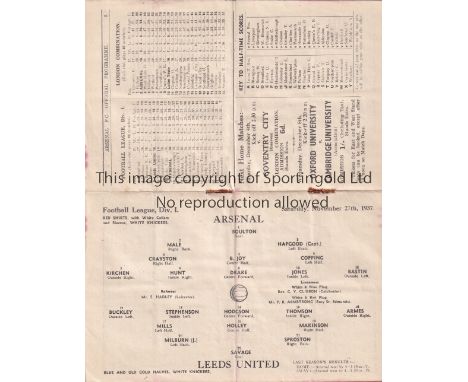 ARSENAL V LEEDS UNITED 1937     Programme for the League match at Arsenal 27/11/1937, horizontal fold and slight staining ins