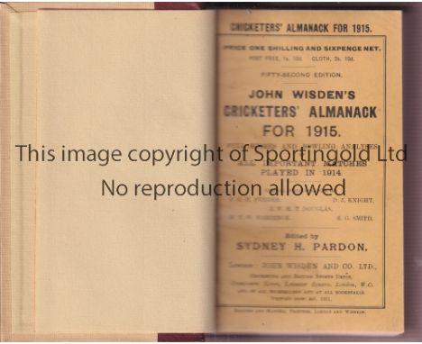 CRICKET WISDEN   Reddish Brown and light brown rebind of original softback John Wisden Cricketers' Almanack for 1915. 52nd Ed