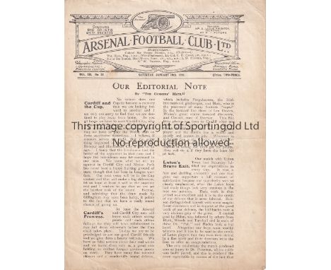 ARSENAL      Four page home programme v Cardiff  City 19/1/1924. No writing. Light horizontal fold.   Fair-generally good