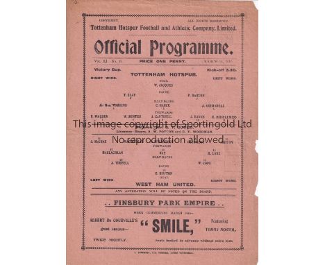 SPURS V WEST HAM AT ARSENAL 1919     Single sheet programme Tottenham v West Ham Victory Cup 1st Round at Arsenal 24/3/1919. 