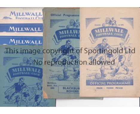 MILLWALL      Six Millwall home programmes v Arsenal (Fr) 1950/51, Blackburn Rovers 1954/55 (covers detached), Rotherham Unit