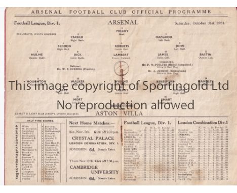 ARSENAL V ASTON VILLA 1931     Programme for the League match at Arsenal 31/10/1931, slightly creased, very slightly marked i