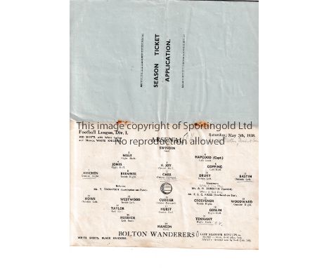 ARSENAL V BOLTON WANDERERS 1938 / CHAMPIONSHIP   Programme for the final League match of the 1937/8 season at Arsenal 7/5/193
