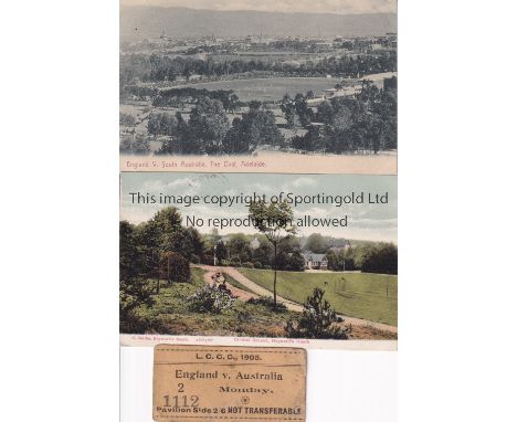 CRICKET      A ticket for the England v Australia Test Match at Old Trafford Monday 24th July 1905. Comes with two postcards 