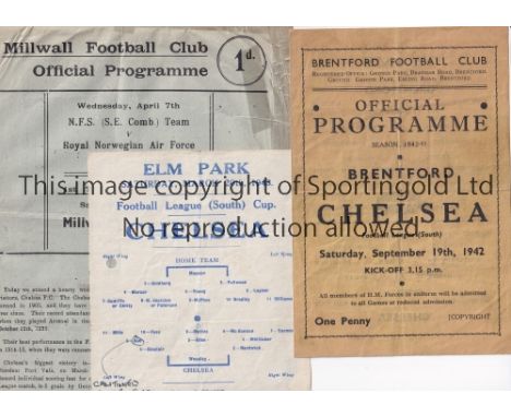 CHELSEA      Three away programmes in only fair condition v Brentford 19/9/1942, Reading (Cup) (ph) 20/3/1943 and Millwall (L