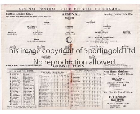 ARSENAL V GRIMSBY TOWN 1936 / EAST STAND INAUGURATION    Programme for the League match at Arsenal 24/10/1936, very slightly 