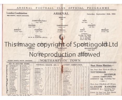 ARSENAL V NORTHAMPTON TOWN 1933   Programme for the Combination match at Arsenal 16/9/1933, slightly creased.   Generally goo
