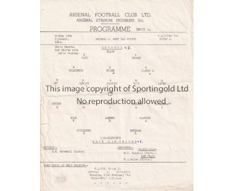 ARSENAL  V WEST HAM UNITED 1964   Single sheet for the home F.A. Youth Cup tie at Arsenal 10/2/1964 horizontal fold and score