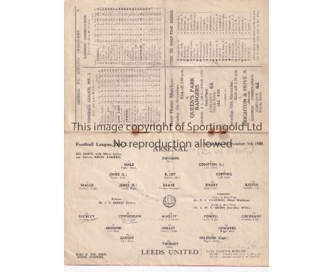 ARSENAL V LEEDS 1938     Programme for the League match at Arsenal 5/11/1938, slightly creased and slightly rusty staples.   