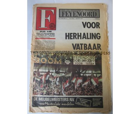 ARSENAL     Newspaper programme for the away Friendly v Feyenoord 7/8/1971, worn, minor paper loss, frayed and tears.    Poor