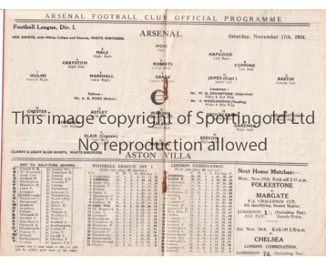ARSENAL V ASTON VILLA 1934    Programme for the League match at Arsenal 17/11/1934, very slightly creased.     Generally good