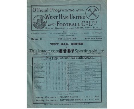 WEST HAM    Home programme v Bury 14/1/1939. Light horizontal fold. No writing.   Fair to generally good