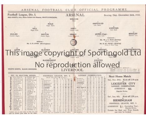 ARSENAL V LIVERPOOL 1935    Programme for the League match at Arsenal 26/12/1935, staples removed.     Generally good