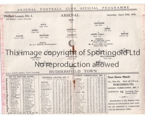 ARSENAL V HUDDERSFIELD TOWN    Programme for the league match at Arsenal 29/4/33. Arsenal Championship Season. Rusty staples,