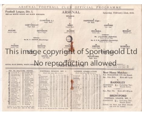 ARSENAL V PORTSMOUTH 1936    Programme for the League match at Arsenal 22/2/1936, very slightly creased and rusty staples.   