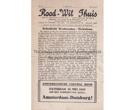 WEDNESDAY    Programme Nicholson v Sheffield Wednesday in Amsterdam 16/5/1932 . This match was played during Wednesday's post