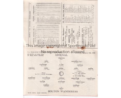 ARSENAL V BOLTON WANDERERS 1938     Programme for the FA Cup tie at Arsenal 8/1/1938, horizontal crease and rusty staples.   