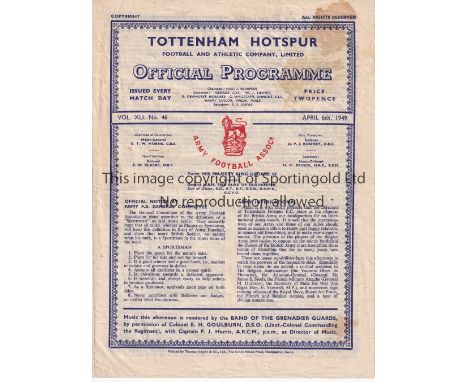SPURS      Four page programme British Army v Belgian Army at Tottenham 6/4/1949. Staining. No writing. Fair to generally goo