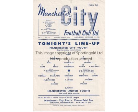 MAN CITY    Single sheet home programme v Manchester United FA Youth Cup  17/11/1954. Duncan Edwards played for Manchester Un