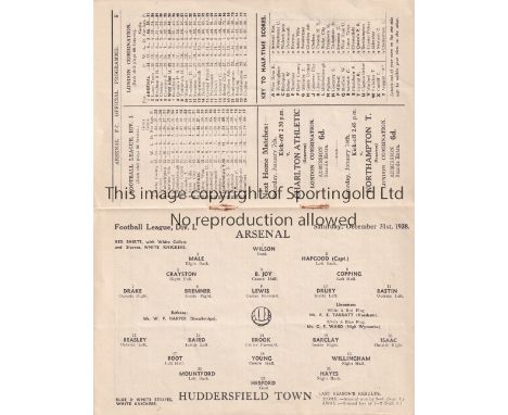 ARSENAL V HUDDERSFIELD TOWN     Programme for the league match at Arsenal 31/12/38. Staples removed. Generally good.
