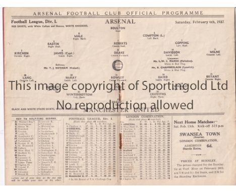 ARSENAL V MANCHESTER UNITED 1937     Programme for the League match at Arsenal 6/2/1937, very slight horizontal crease.   Gen