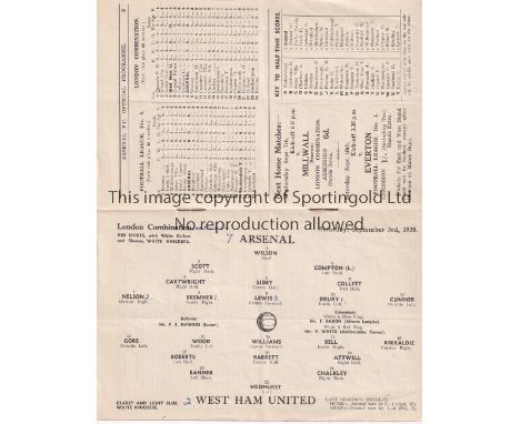 ARSENAL V WEST HAM 1938    Programme for the Combination match at Arsenal 3/9/1938, very slightly creased and scores entered.