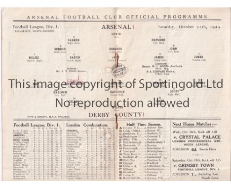ARSENAL V DERBY 1929     Programme for the League match at Arsenal 12/10/1929, punched holes repaired.    Fair to generally g