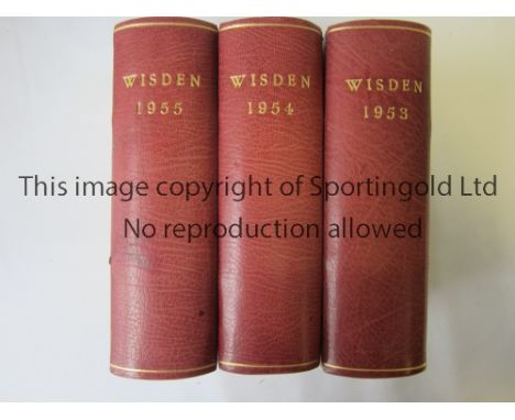 CRICKET WISDENS   Three burgundy and light brown rebinds of John Wisden Cricketers' Softback Almanacks for 1953,1954 and 1955