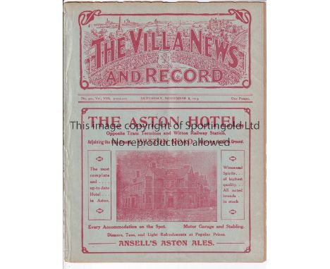 ASTON VILLA / MAN UNITED    Programme Aston Villa v Manchester United 8/11/1913. Ex Bound Volume. Comes with portrait of Vill