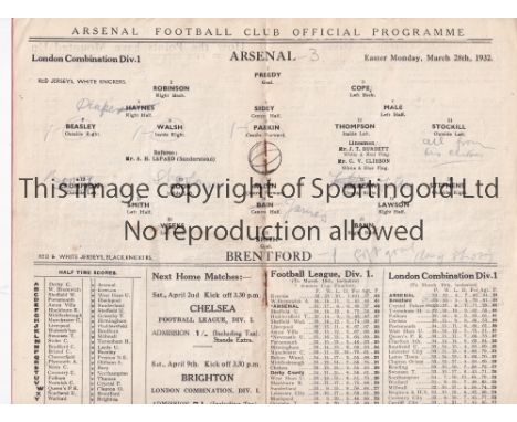 ARSENAL V BRENTFORD 1932    Programme for the Combination match at Arsenal 28/3/1932, very slightly creased.    Generally goo