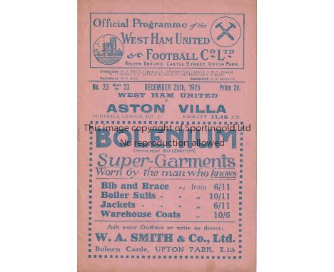WEST HAM / VILLA     Programme West Ham United v Aston Villa 25/12/1925 . No writing . Generally good       