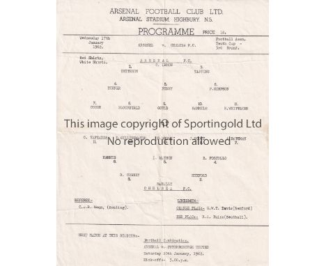 ARSENAL V CHELSEA 1962 Single sheet for the home F.A. Youth Cup tie at Arsenal 17/1/1962 folded in four. Generally good
