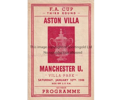 VILLA     Pirate home programme printed by Ross v Manchester United FA Cup 3rd Round 10/1/1948. Light horizontal fold. No wri