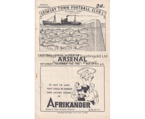 ARSENAL     Programme for the away League match v. Grimsby Town 21/12/1946, punched holes repaired and slight horizontal crea