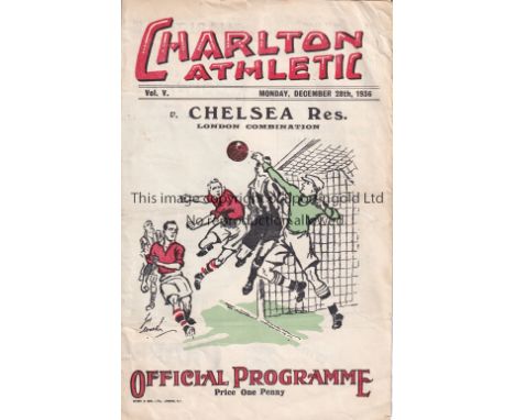 CHARLTON / CHELSEA    4 Page programme Charlton Athletic Reserves v Chelsea Reserves 28/12/1936. Light horizontal fold. Two t