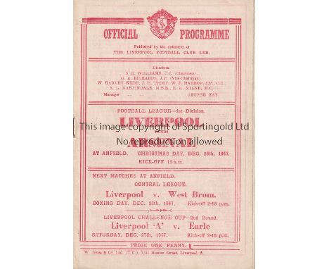 LIVERPOOL V ARSENAL 1947     Programme for the League match at Liverpool 25/12/1947, very slight horizontal crease and team c