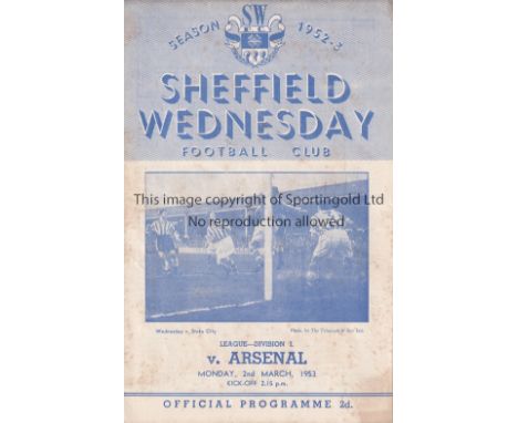 SHEFFIELD WEDNESDAY V ARSENAL 1953    Scarce 4 page programme for the League match at Hillsborough 2/3/1953 played on a Monda