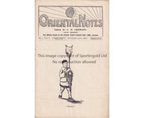 CLAPTON ORIENT     Home programme v Leicester Fosse 30/9/1911 . Light staple rust. No writing. Generally good        