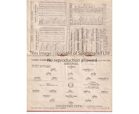 ARSENAL V COVENTRY CITY 1937    Programme for the Combination match at Arsenal 4/12/1937, slightly creased.    Generally good